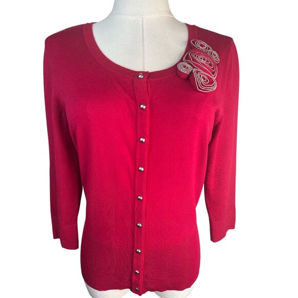 2/$30 White House Black Market Small Red Cardigan Sweater Embellished Shoulder - Picture 1 of 16